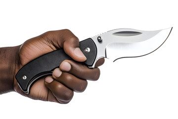 Obraz premium Hand firmly holding a stainless steel knife, professional grip