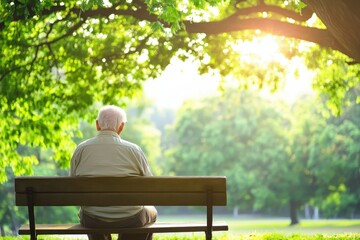 Fototapeta premium Elderly man sitting on a bench in a park during a peaceful morning surrounded by lush greenery and sunlight