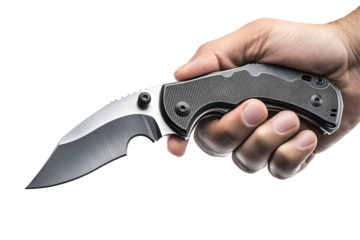 Hand firmly holding a stainless steel knife, professional grip