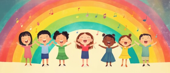 Fototapeta premium Joyful Children Singing Under a Vibrant Rainbow, Celebrating Diversity and Music
