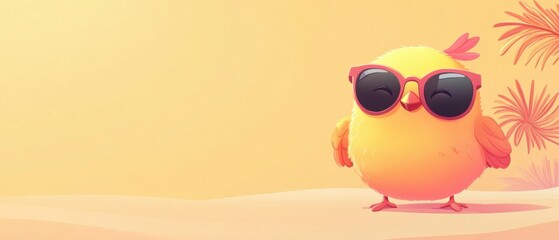 Fototapeta premium Adorable Chick Wearing Sunglasses on Sunny Beach Background