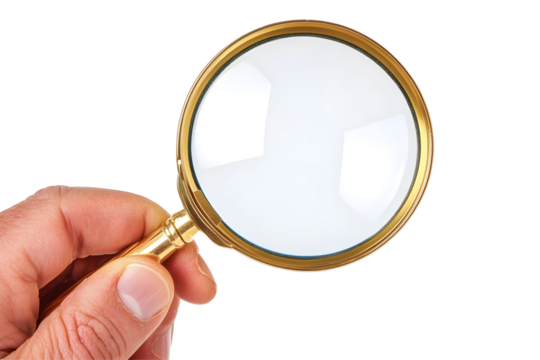 Hand holding a magnifying glass, perfect for design mockups with free space