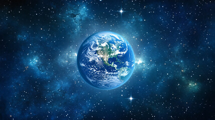 Obraz premium Earth floating in the vastness of space with a faint glow and stars dotting the dark sky.