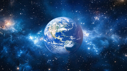 Fototapeta premium Earth floating in the vastness of space with a faint glow and stars dotting the dark sky.
