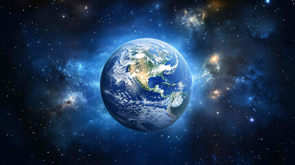 Obraz premium Earth floating in the vastness of space with a faint glow and stars dotting the dark sky.
