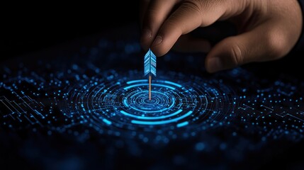 Obraz premium Futuristic Business Professional Presenting Glowing Blue Digital Target with Arrow for Precision Achievement and Strategy