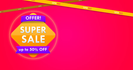 Obraz premium Super sale design template - Offer! UP to 50% OFF - Background pink and yellow stripes - Super Sale banner design template. Super Sale inscription. Vector illustration