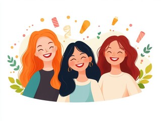 Three joyful women smiling together, celebrating friendship with colorful confetti and a vibrant atmosphere.