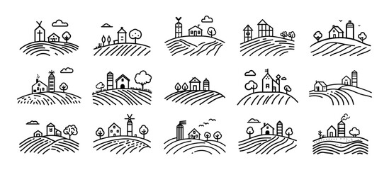 Farm icon line set. Agriculture architecture house collection building. Rural farmhouse and community lifestyle. Countryside sign vector illustration