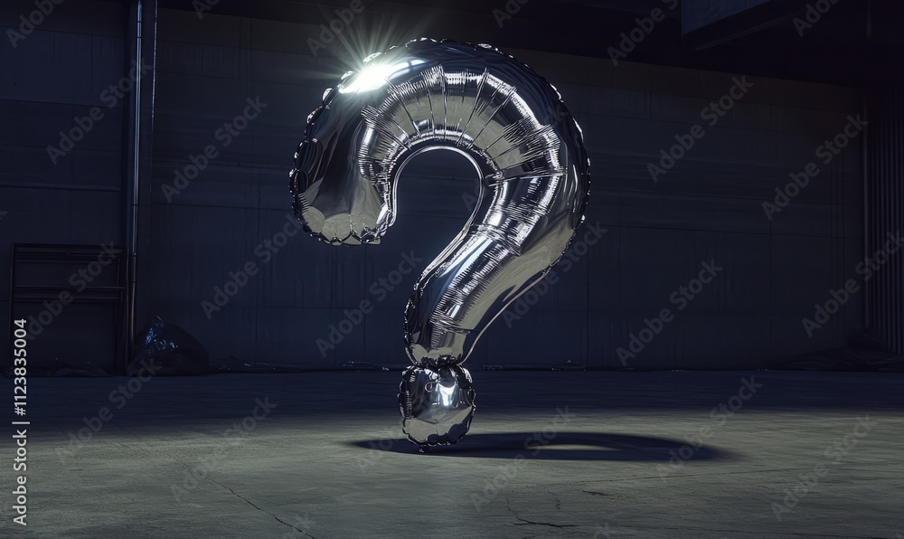 Poster this image depicts a shiny metal balloon in the shape of a question mark on a dark background, illus