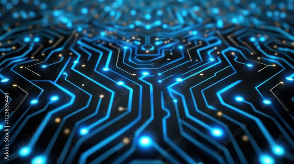 Poster explore a futuristic world of nanoelectronics with illuminated circuits and sleek ic pattern surface