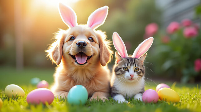 Golden puppy and tabby kitten with bunny ears lying on grass, surrounded by colorful Easter eggs, in sunny outdoor garden
