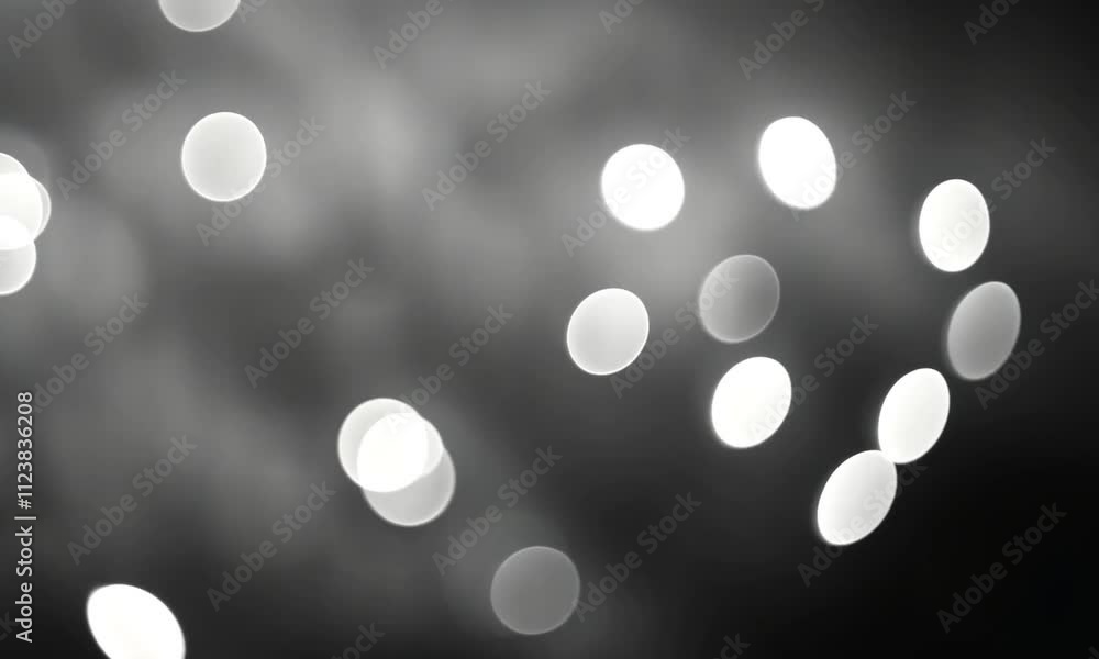 Poster abstract grayscale bokeh of bright lights on a dark background.