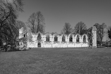 York, Yorkshire, England, UK: Ruins of Saint. Mary's Abbey  ruins of medieval gothic church in black and white © PhotoFires