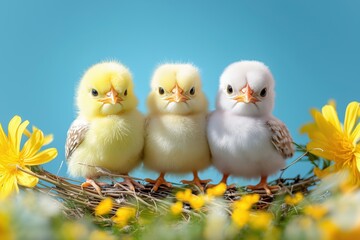 Naklejka premium Three fluffy baby chicks sitting in a straw nest, surrounded by yellow flowers against a vibrant blue background, symbolizing spring and new life.