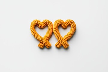 Creative Culinary Art: Two Hearts Made from Twisted Yellow Spaghetti on a White Background