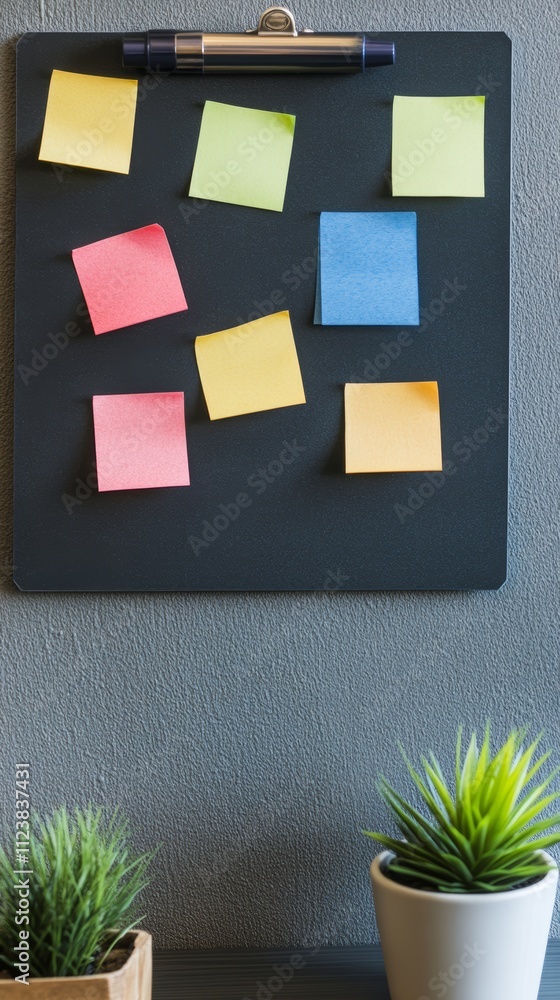 Poster a black clipboard with colorful sticky notes attached to it. there are two small potted plants on th