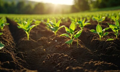 Lush green plants emerging from rich soil under soft sunlight in a tranquil field.