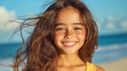 Carefree Tropical Beach Day: Young Woman Relaxing on Golden Sand with Flowing Hair and Peaceful Smile Soaking Up Sun