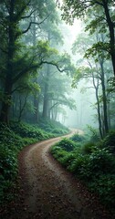 Obraz premium Winding path through dense beech forest with fog and overgrown vegetation on either side, natural scenery, tangled vegetation , woodland trail