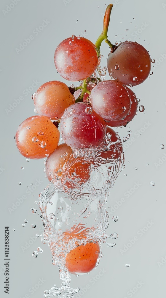 Poster a bunch of red grapes falling into water creating a splash.