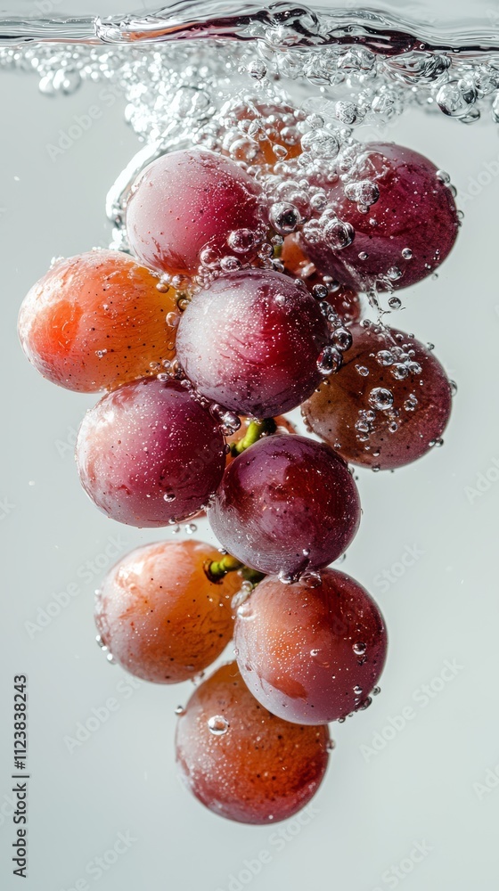 Poster a bunch of red grapes submerged in water, creating a cascade of bubbles.