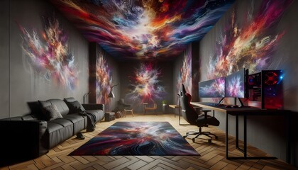 Naklejka premium Modern Room with Vibrant Artistic Decor
