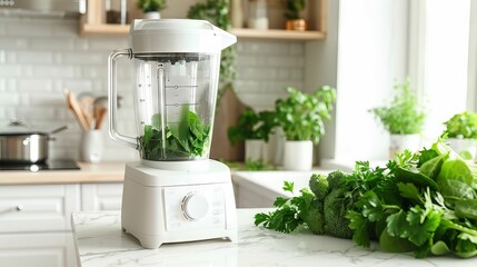 Modern kitchen appliance with fresh greens for healthy living and culinary inspiration. Copy space