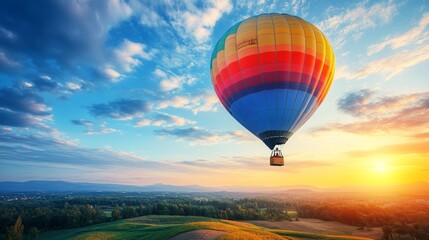 Obraz premium A colorful hot air balloon soars through a breathtaking sunrise over a valley.