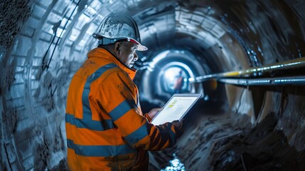 Elderly Engineer Using a Tablet in an Underground Tunnel. Concept of Industrial Technology, Senior...