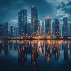 Obraz premium Stunning night skyline of skyscrapers reflected in water dubai urban photography cityscape aerial view modern architecture