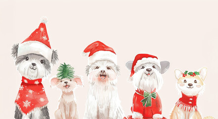 Cute Watercolor Illustration of Dogs in Festive Christmas Attire Celebrating Holiday Cheer. Concept of Holiday Joy, Family Traditions, Festive Fun. White background. Copy space