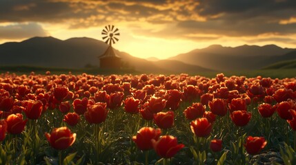 A field of red tulips with a windmill in the background at sunset.