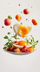 A fried egg, tomatoes, and spices are suspended above a bed of salad on a white plate.