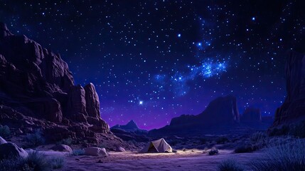 Tent camping under a starry night sky in a desert canyon.