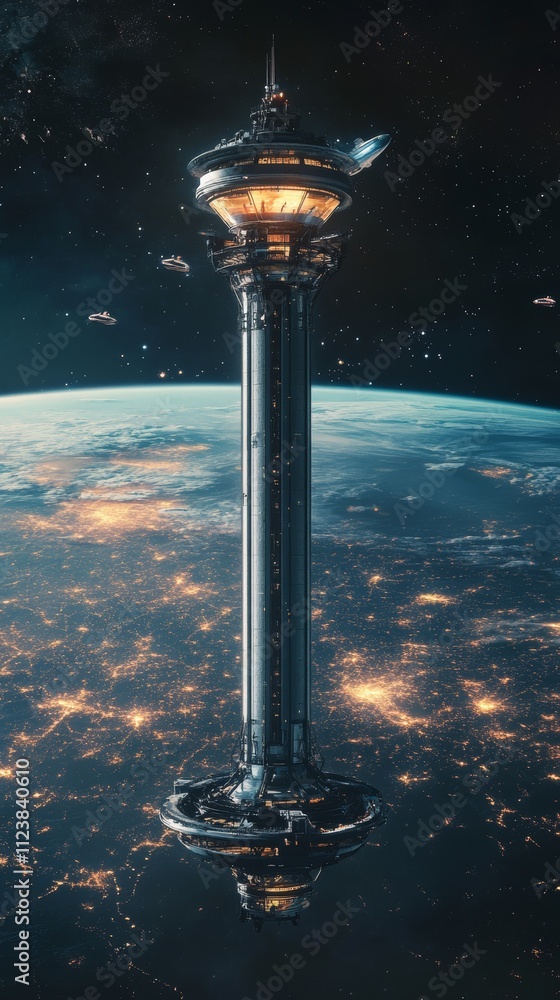 Poster a futuristic space station with a long vertical structure extending from a base platform with a glow