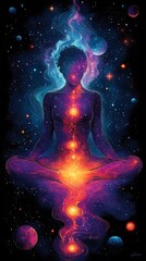 Vibrant Cosmic Chakras Energy Meditative Figure Mystical Visualization Display Photo