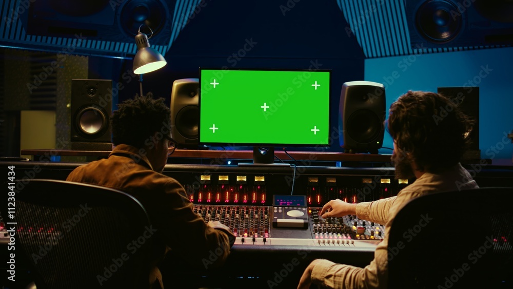 Poster diverse producers mixing and mastering tracks with mockup display on computer, recording before addi