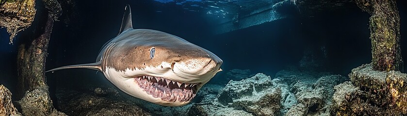 Obraz premium Shark encounter underwater coral reef photography marine environment close-up view ocean life exploration