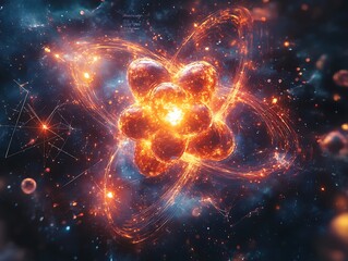 Obraz premium Glowing Vibrant Cosmic Representation Atom Stunning Space Scene Orbiting Particles Design Photo