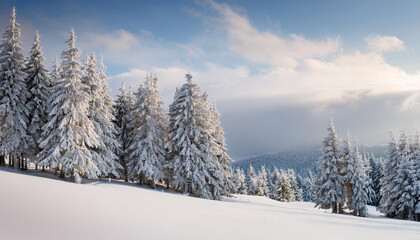 Obraz premium Snow-covered pine trees on a serene snowy hill under a soft winter sky