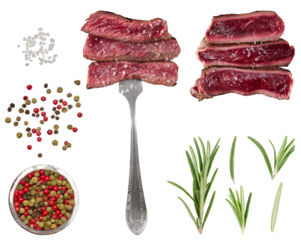 Juicy slices of beef, sprinkled with coarse salt, are skewered on a fork. A mixture of multi-colored black, red, green peppercorns, sprigs of fresh rosemary