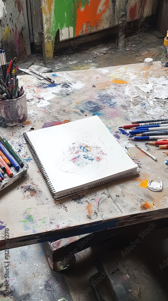 Poster a messy art table with a sketch pad and drawing utensils, creating a sense of creativity and artisti
