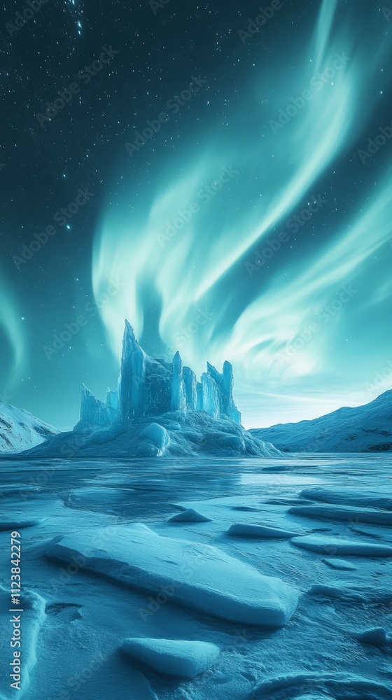 Poster a mesmerizing display of the aurora borealis dancing above a frozen landscape, illuminating towering