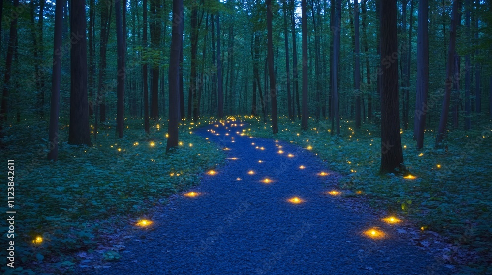 Poster a path through a dark forest illuminated by a line of glowing candles.