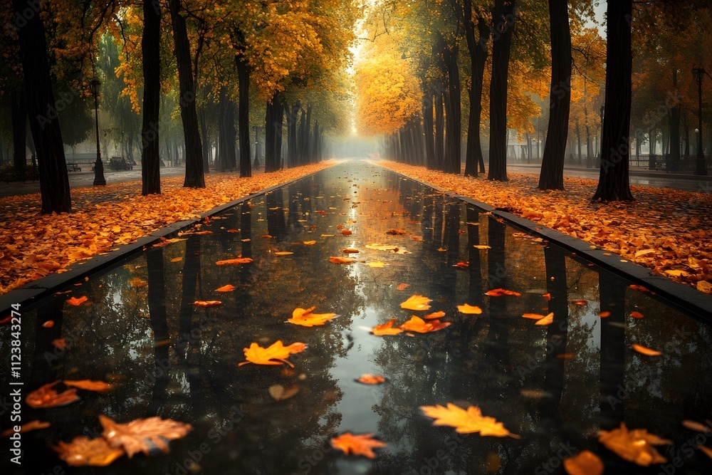 Poster a serene autumn scene with a reflective path lined by trees and fallen leaves.