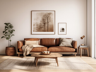 Modern minimalist simple living room interior in neutral colors. Brown leather couch and natural wood coffee table. 