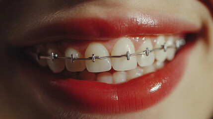 Smiling woman's teeth with orthodontics, Generated AI