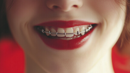Smiling woman's teeth with orthodontics, Generated AI