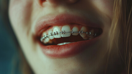 Smiling woman's teeth with orthodontics, Generated AI